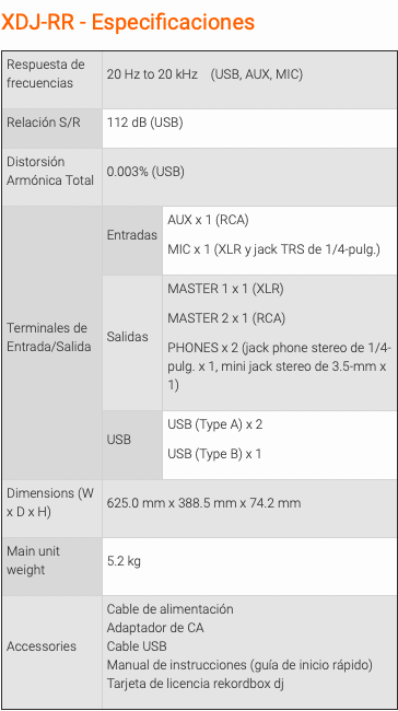 Especificaciones técnicas XDJ RR