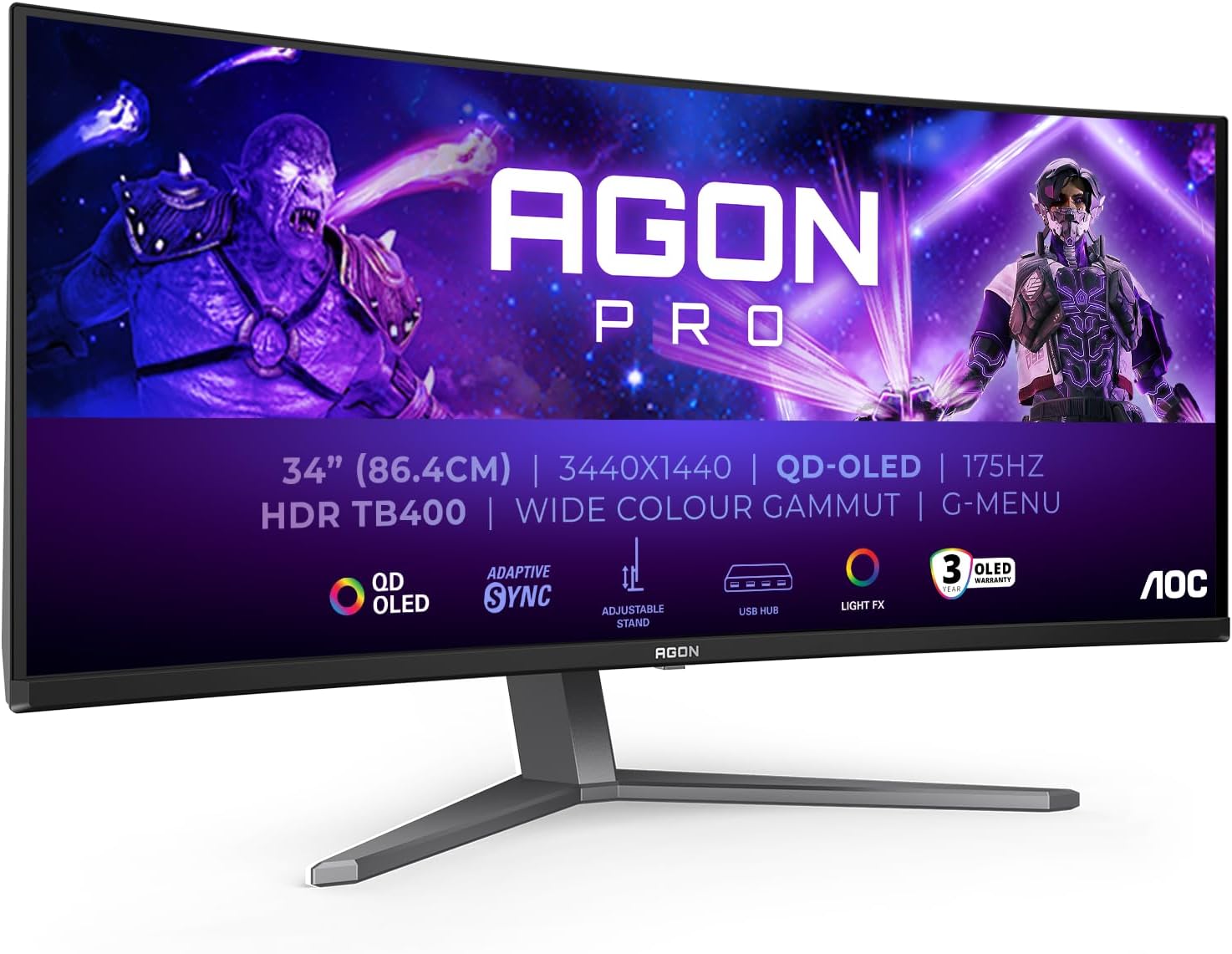Monitor gaming curvo AOC Agon Pro AG346UCDAM con tecnología OLED y alta resolución.