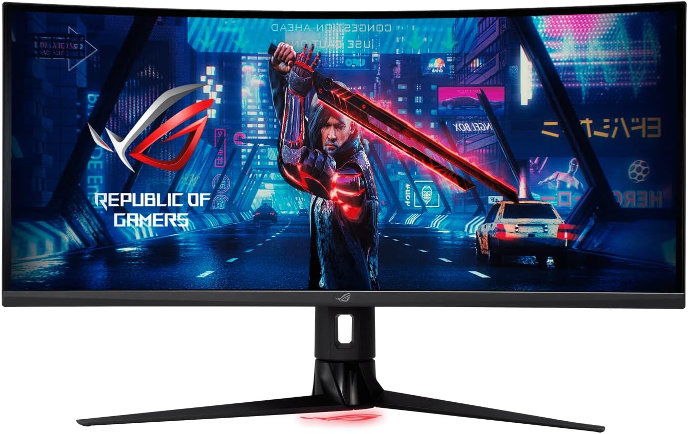 Monitor gaming súper ultrawide ASUS ROG Strix con 49 pulgadas y panel curvo.