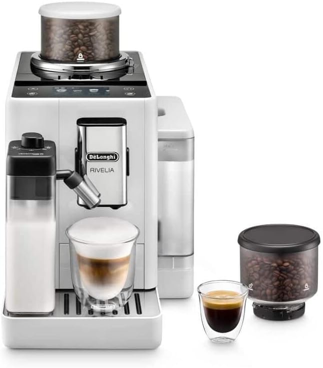 Cafetera superautomática De'Longhi Rivelia en color blanco con diseño moderno.