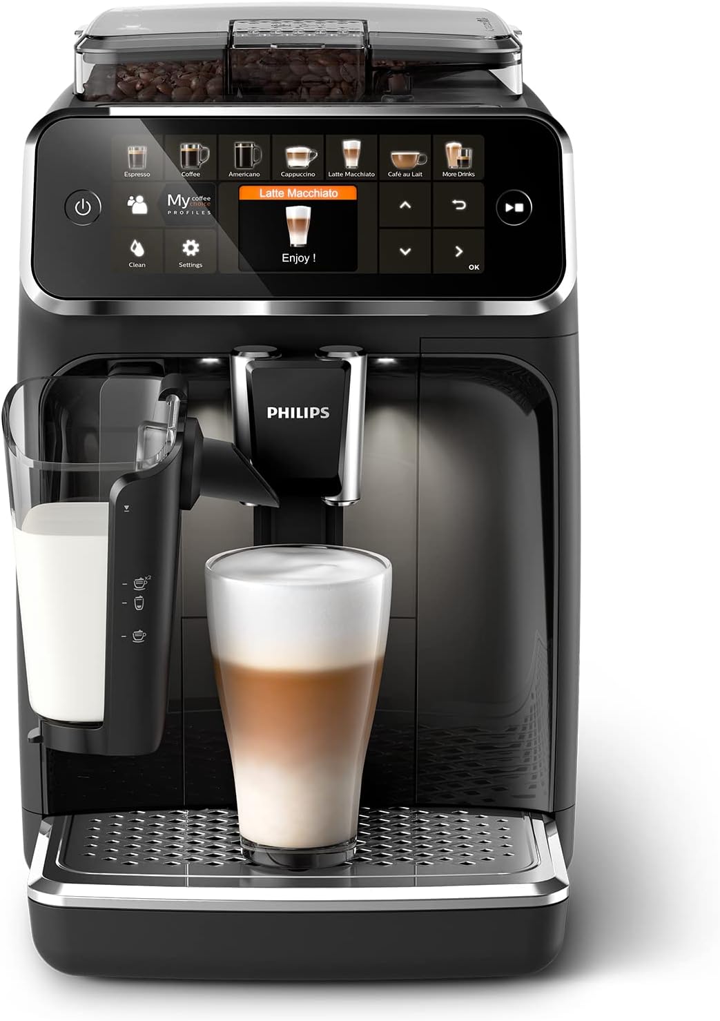 Cafetera superautomática Philips Serie 5400 en acabado negro y plateado.
